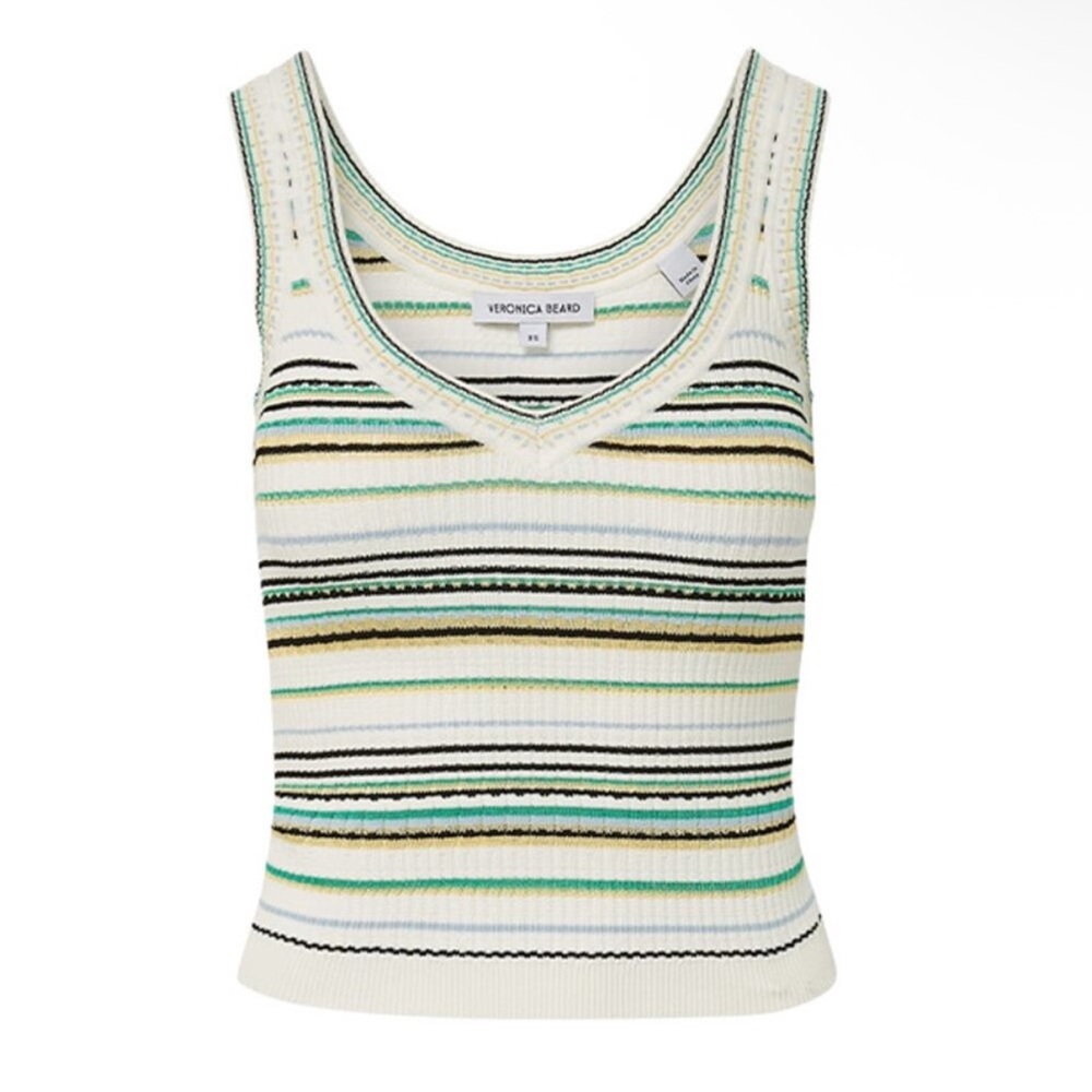 Veronica Beard Striped Ribbed V-Neck Tank Top in Cream, Green, Black and Tan